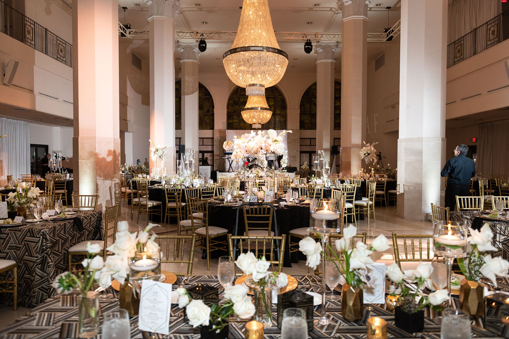 Southern Exchange Ballroom set for reception with designs by B Worley Productions