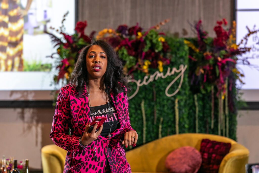 Jon'll Boyd speaking about finding your purpose at the Becomer Brunch, part of the 2024 Becoming Retreat,  the women's business conference.